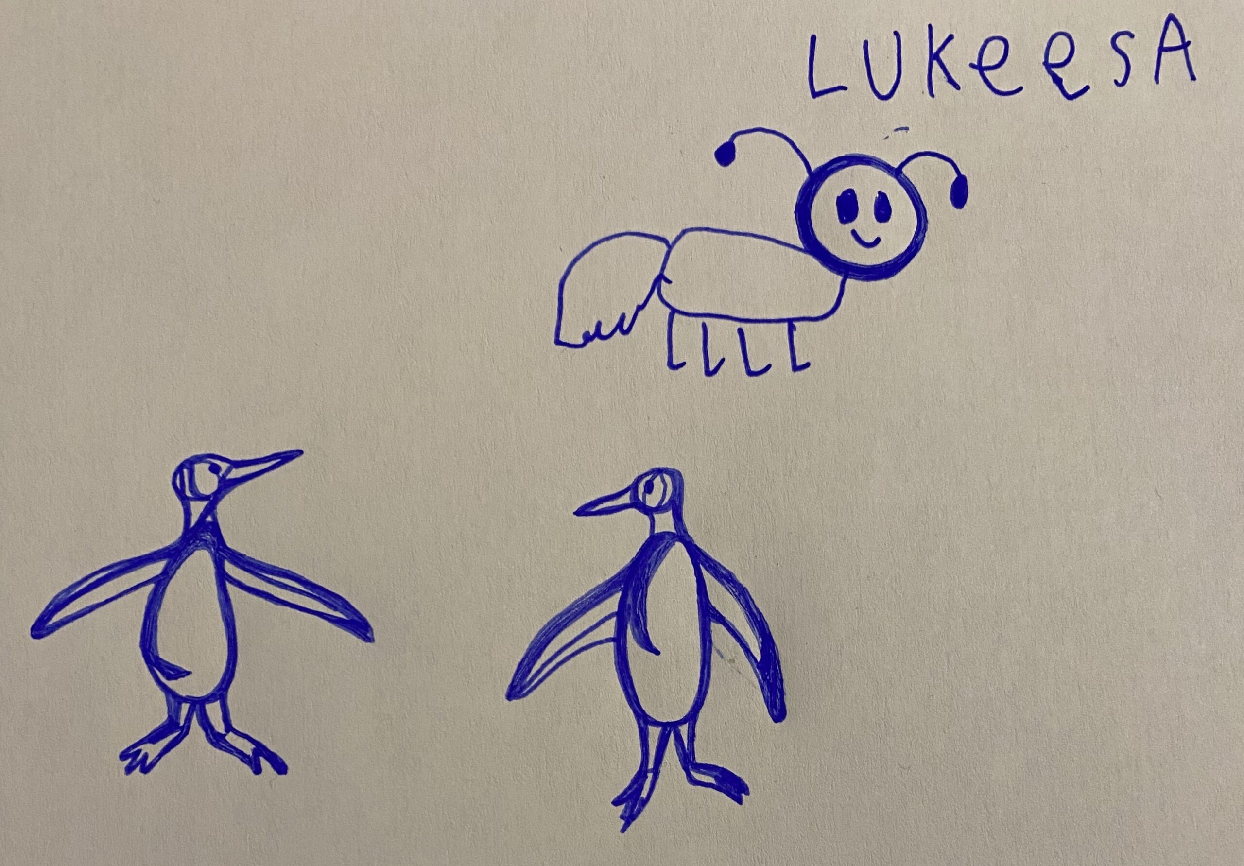 eine figurative Randnotiz gezeichnet, auf der zwei Pinguine abgebildet sind, blaue Tinte auf weißem Papier